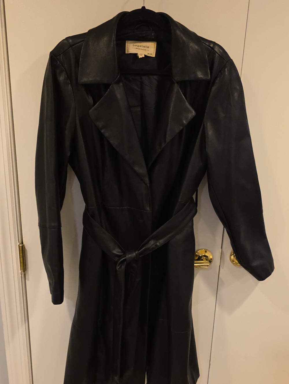 Bagatelle Black Leather Longcoat with Notched Collar